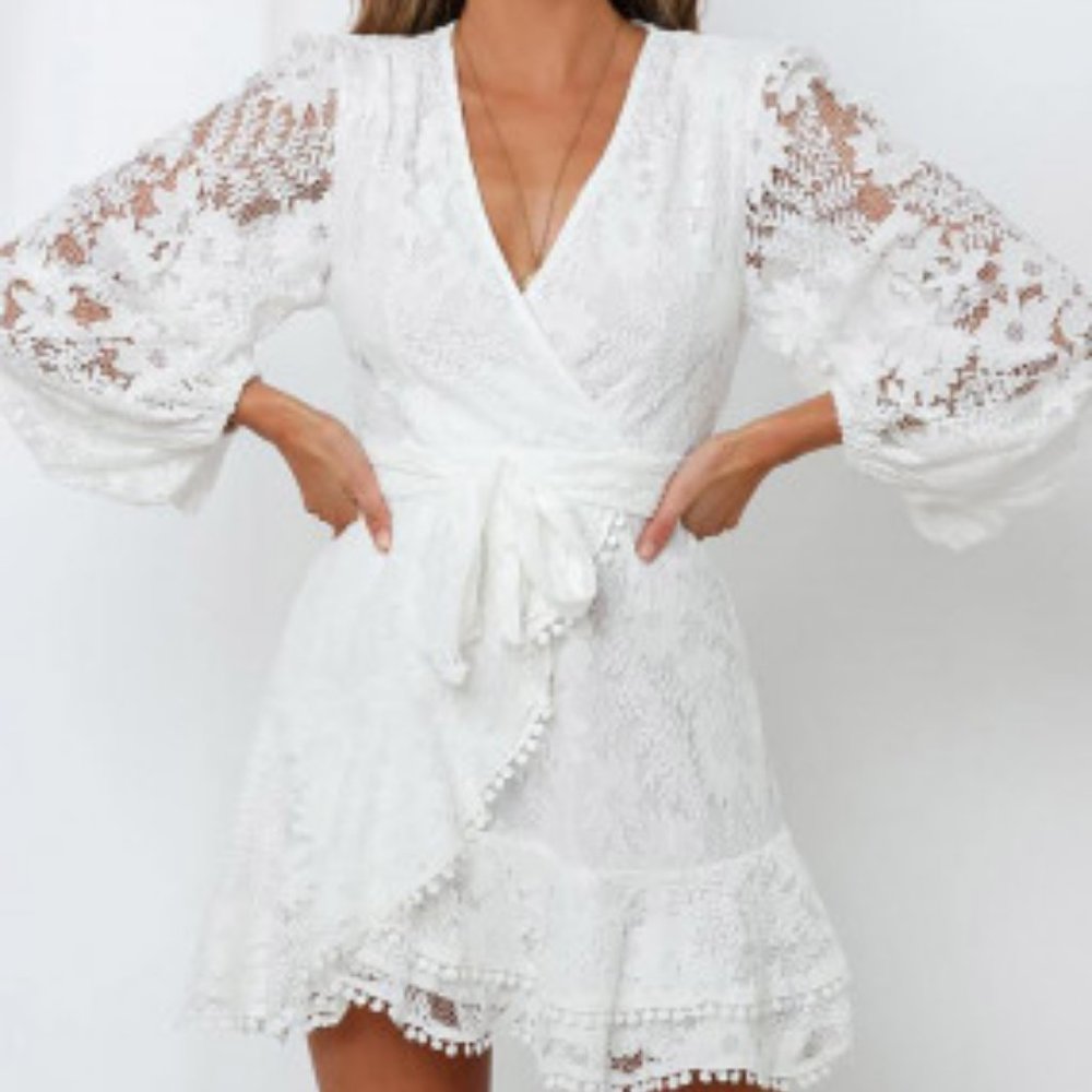 White Lace Wrap Midi Dress with Balloon Sleeves
